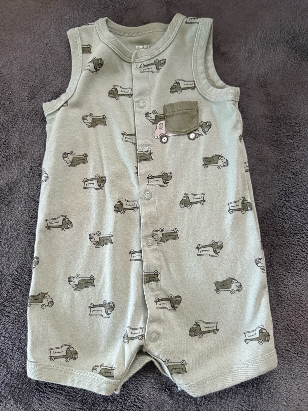 Carter's Sage Green Truck Print Sleeveless Romper